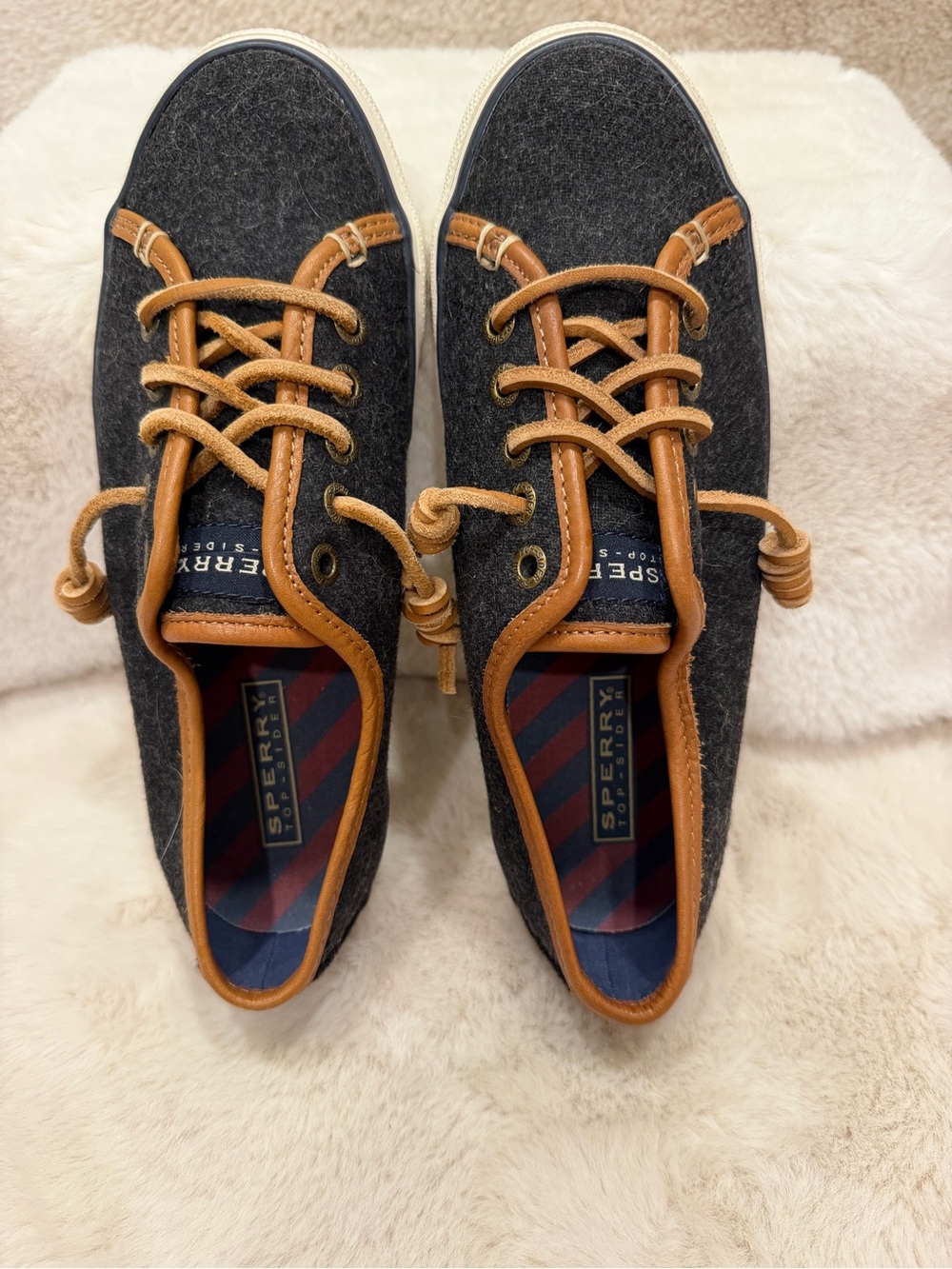 Sperry women’s Charcoal Wool Boat Shoes with Tan Leather Trim